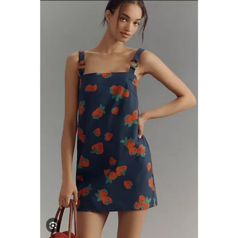 Anthropologie Maeve Square Neck Shift Strawberry Dress size Small In BlueBy - Picture 1 of 11